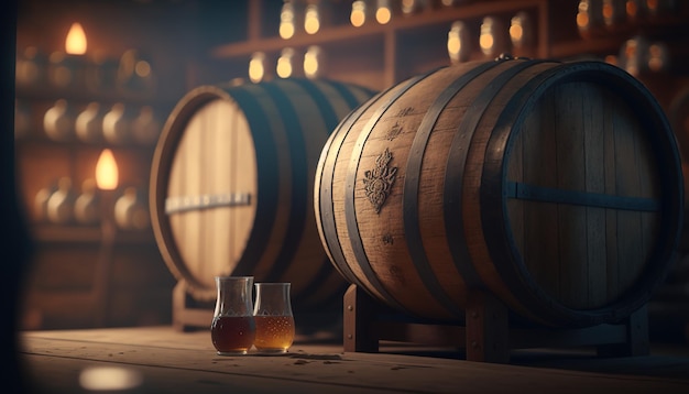 Rustic traditional cellar with barrels for wine storage