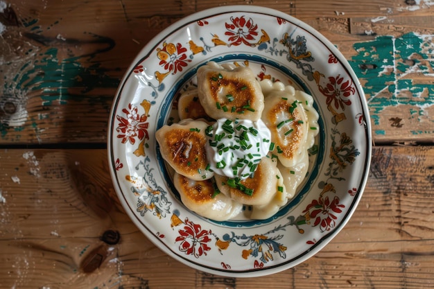 Photo rustic traditional pierogi with sour cream on vintage wooden table