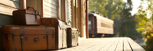 Photo rustic train station with vintage luggage and steam train