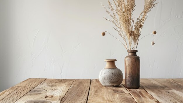 Photo rustic vases with dry plants on wooden table