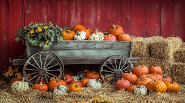 Photo a rustic wagon filled with pumpkins in front of a red barn