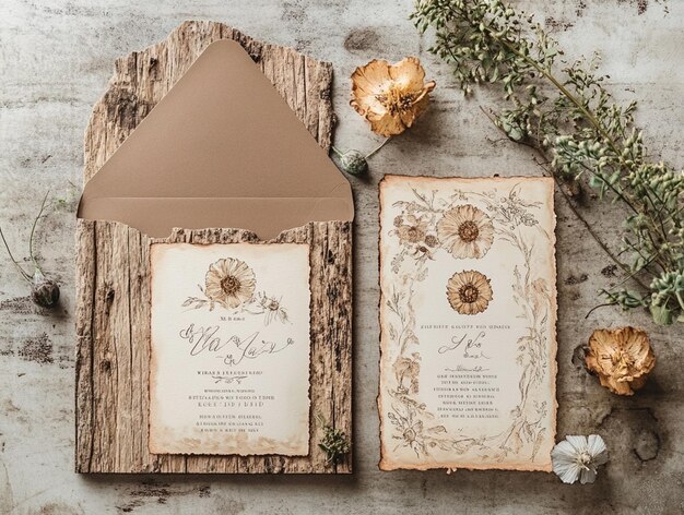 Photo rustic wedding invitation suite with vintage elements