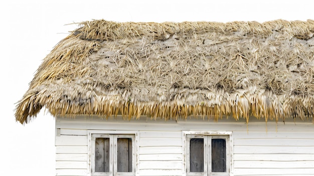 Photo rustic white wooden facade with straw thatched roof isolated