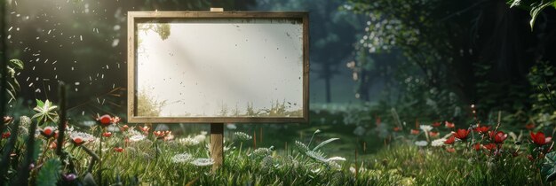 Rustic white wooden signboard on a country road blank surface for promotional messages surrounded by wildflowers