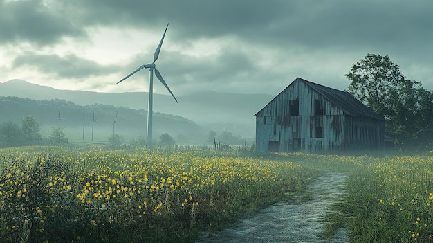 Rustic Windmill in a Misty Countryside on a Rainy Day