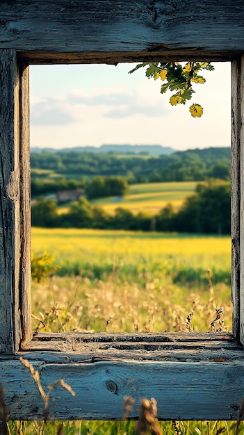 Photo rustic window frame with countryside view