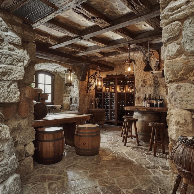 Photo rustic wine cellar with stone walls wooden beams and barrels