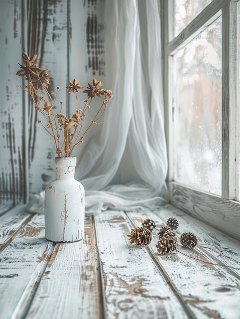 Photo rustic winter decor with dried flowers and pine cones by window