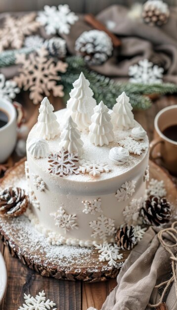 Photo rustic winter wonderland birthday cake with snowflakes and pine trees for festive celebrations