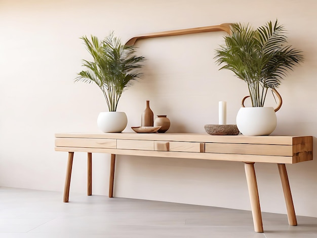 Rustic wood console table against beige stucco wall with copy spaceJapandi interior design of model