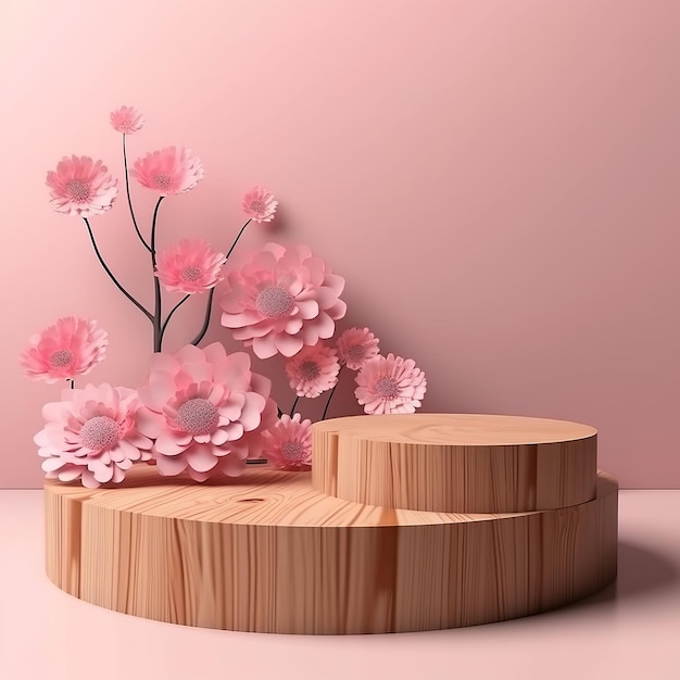 Rustic Wood Podium with Delicate Pink Flowers Studio Set Products Showcase Mothers Day Valentines