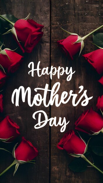 Rustic wood serves as backdrop for red roses and Happy Mothers Day Vertical Mobile Wallpaper