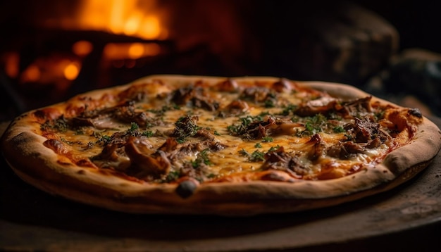 Rustic wood table holds fresh baked pizza generated by AI