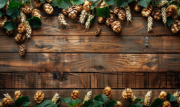 Rustic wooden backdrop with hops and wheat sheaves at the Oktoberfest festival