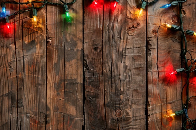 Photo a rustic wooden background adorned with strings of colorful christmas lights creating a warm and i