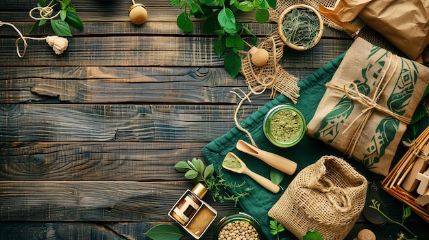 Rustic wooden background with green leaves herbs and natural packaging