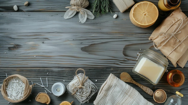 Rustic wooden background with natural and handmade items arranged around the edges perfect for a product display or a craft project