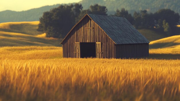 Photo a rustic wooden barn surrounded by golden fields and rolling hills