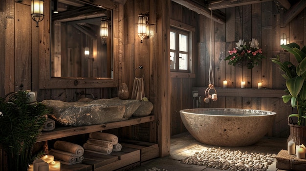 Rustic Wooden Bathroom with Stone Tub and Sink