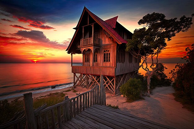 Rustic wooden beachfront villa by sea against backdrop of beautiful sunset generative ai