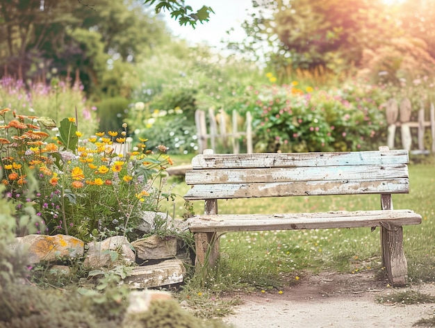 Photo rustic wooden bench in blooming garden with sunlight