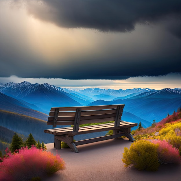 Rustic wooden bench located on top of a mountain