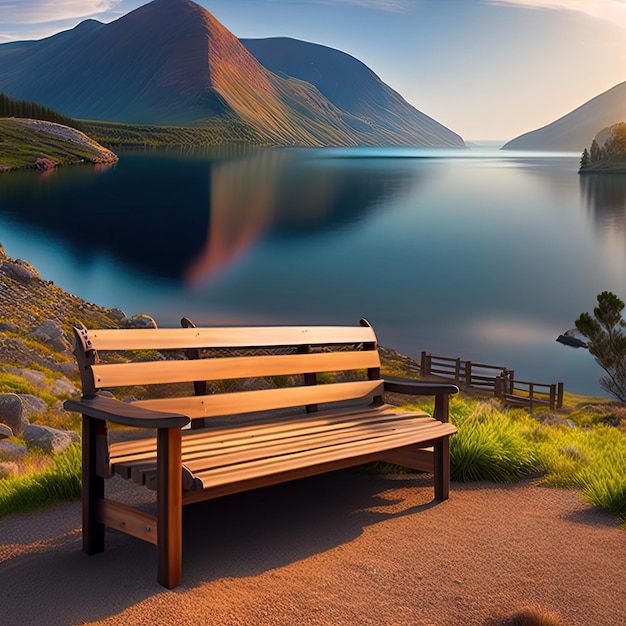 Rustic wooden bench located on top of a mountain