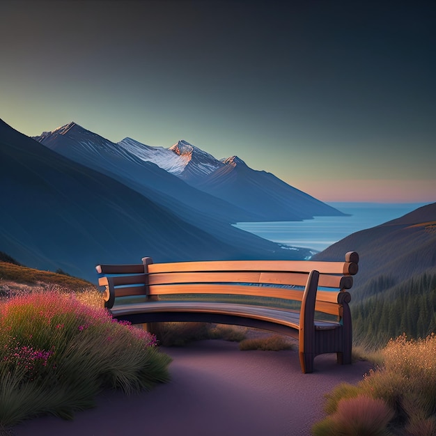 Rustic wooden bench located on top of a mountain