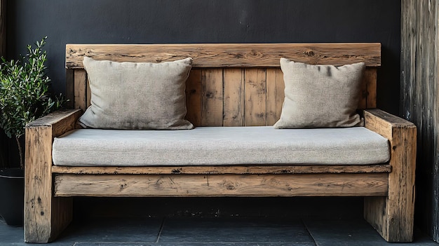 Photo rustic wooden bench with cushions against a black wall