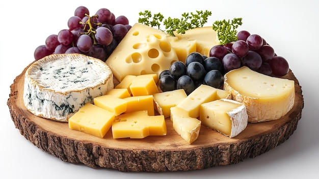 A rustic wooden board displays a variety of delicious cheeses alongside grapes for a gourmet snack