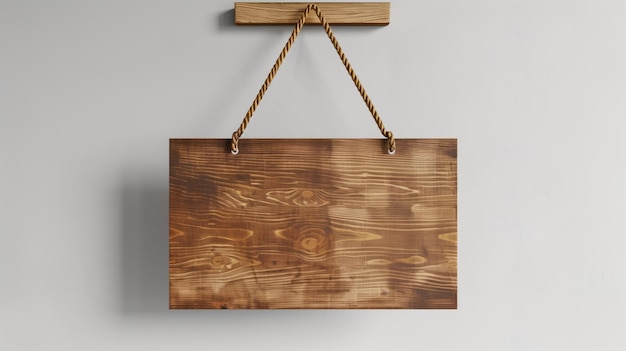 A rustic wooden board hung by a braided rope on a plain gray wall displaying rich wood grains