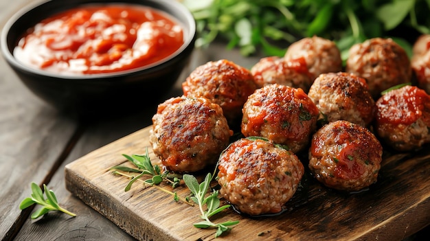 Rustic wooden board meatballs with fresh herbs and marinara