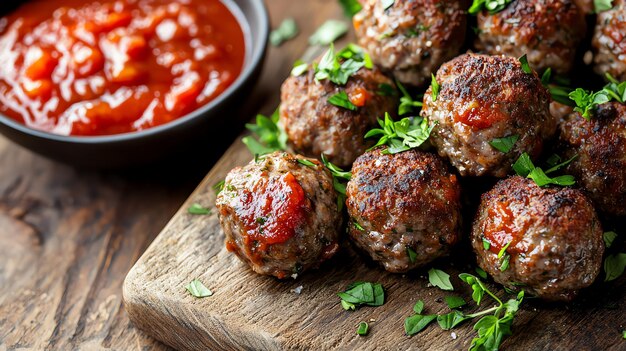 Rustic wooden board meatballs with fresh herbs and marinara