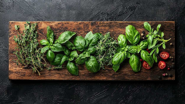 Rustic Wooden Board with Basil Oregano and Rosemary Arrangement