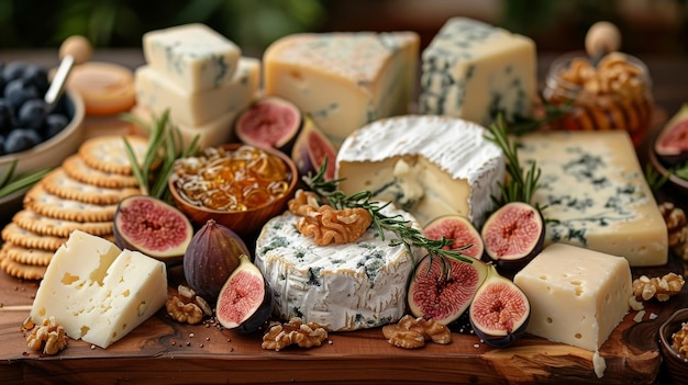 Rustic Wooden Board with Blue Cheeses Figs Honeycomb Candied Walnuts and Rosemary Crackers