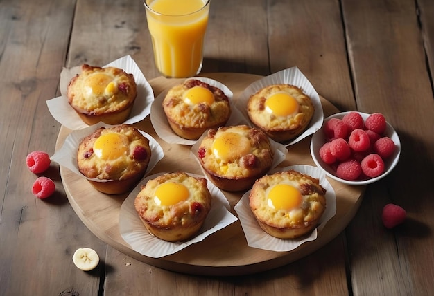 Photo rustic wooden board with delicious sausage and egg breakfast muffins