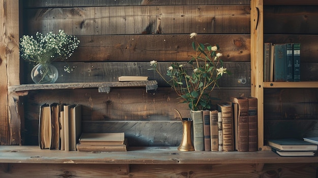 Photo rustic wooden bookshelf with books and flowers on shelf