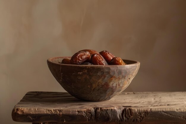 Photo rustic wooden bowl overflowing with medjool dates on a textured table