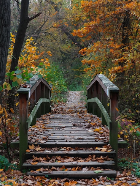 Rustic Wooden Bridge in Autumn Forest with Fallen Leaves