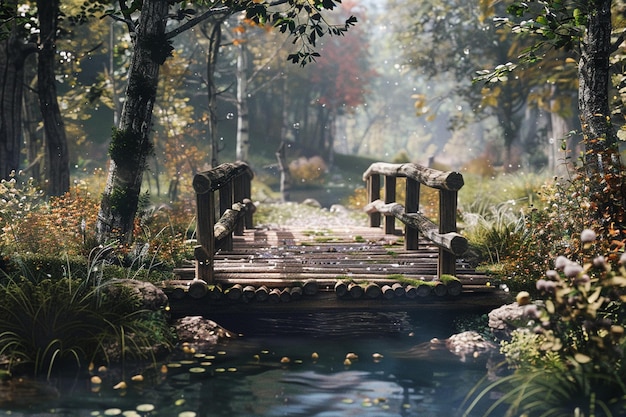 A rustic wooden bridge over a babbling brook