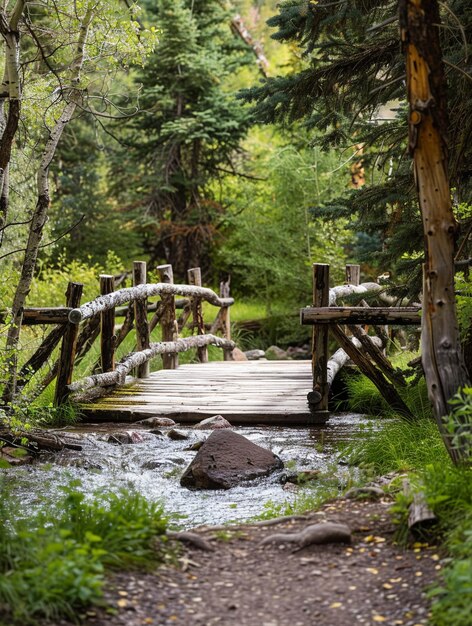 Rustic Wooden Bridge Over Serene Forest Stream