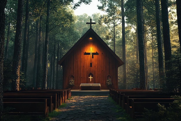 Photo a rustic wooden chapel nestled deep within a tranquil forest bathed in the golden light of dawn