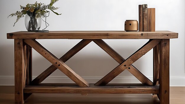 Photo rustic wooden console table with x shaped legs generative ai