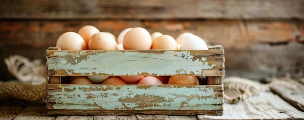 Photo a rustic wooden crate filled with farm fresh eggs in various hues