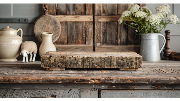 Photo rustic wooden cutting board mockup on farmhouse kitchen table with white flowers and sheep decor in background