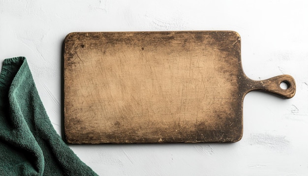 Photo rustic wooden cutting board with a green towel on a textured surface