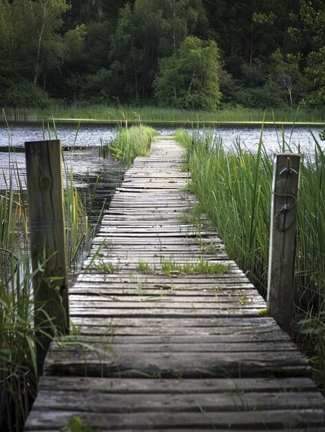 Rustic Wooden Dock Leading to Serene Forest Lake