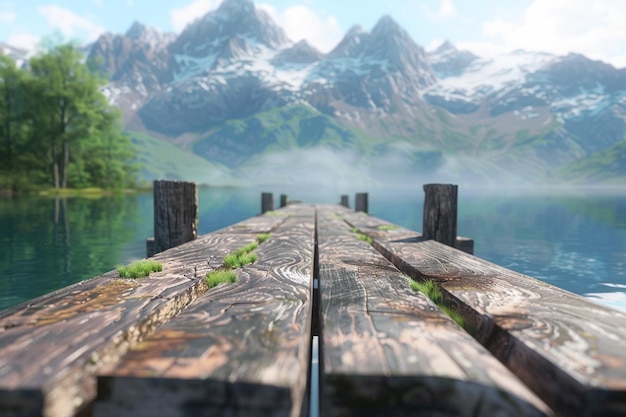 Rustic wooden dock stretching out into a calm lake