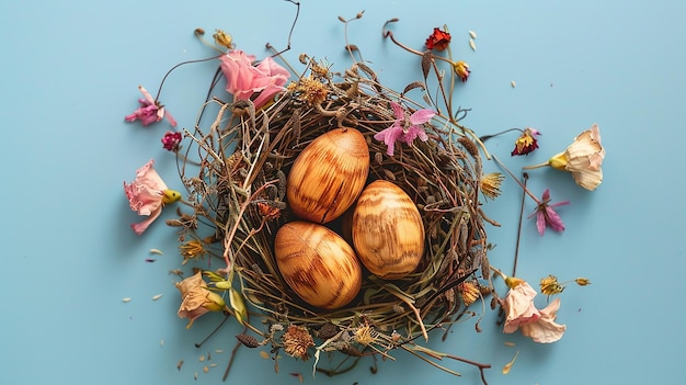 Photo rustic wooden eggs nestled in a nest