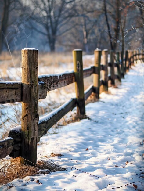 Photo rustic wooden fence in snowy winter landscape